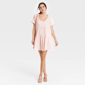 Women’s Flutter Short Sleeve Tiered Dress A New Day-Peach and White